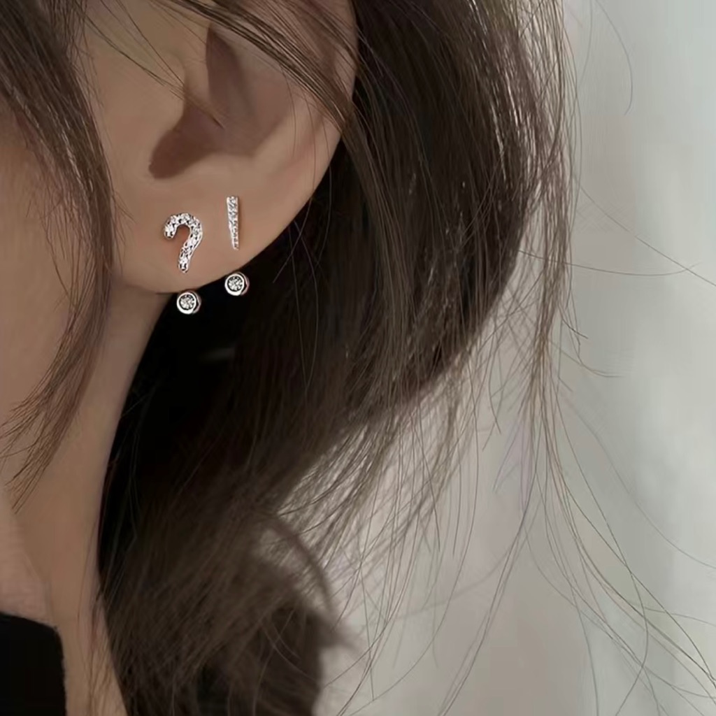 Brand New Silver Tone Question Mark  Exclamation Mark Zircon Stud Earrings